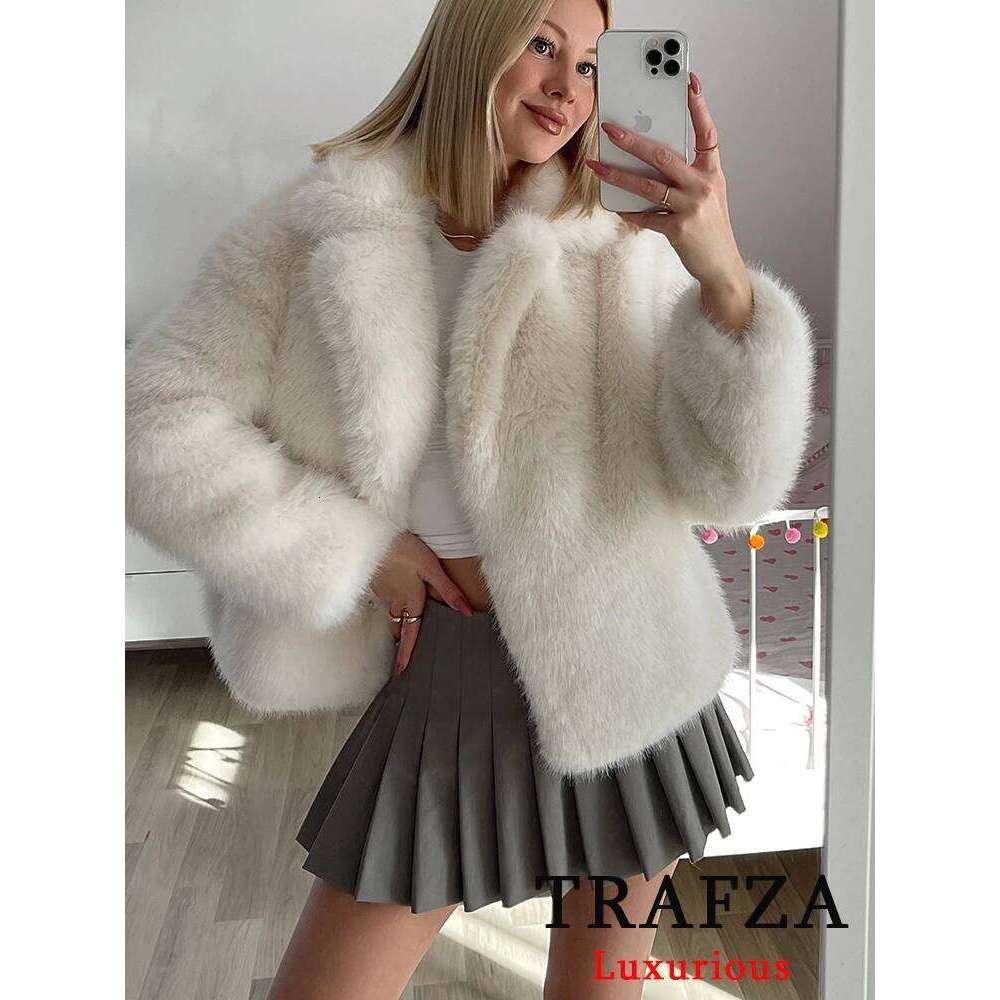 TRAFZA Vintage Faux Fur Women Jackets Solid Turn-Down Collar Long Sleeve Warm Coat Chic White Fashion 2024 Winter Autumn Outwear