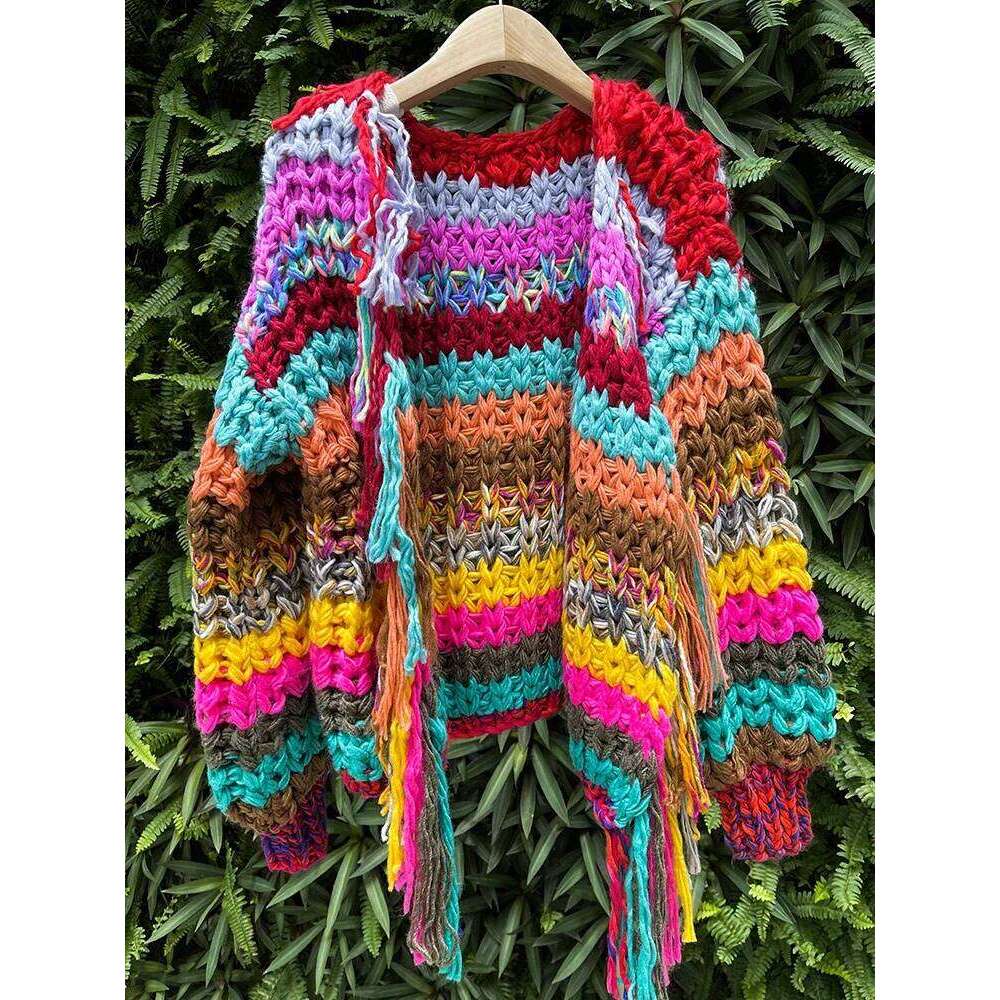 2025 Rainbow Color Tassel Front Chunky Knit Cardigan Winter Women Handmade Sweater Niche Design Knitwear Outfit