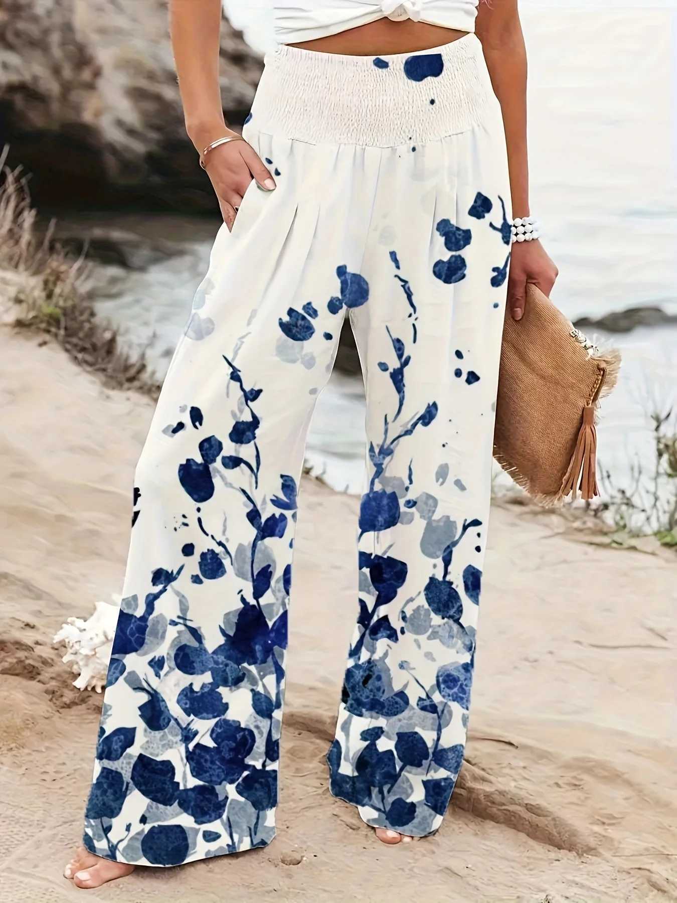 European and American fashion womens comfortable and casual simple loose wide-leg pants with floral print womens trousers. XJ250616
