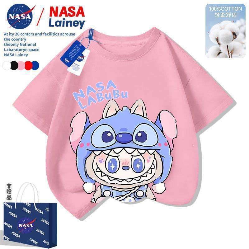 NASA Labubu Boys and Girls Short Sleeve T-Shirt Children's Cute Cartoon Versatile Top