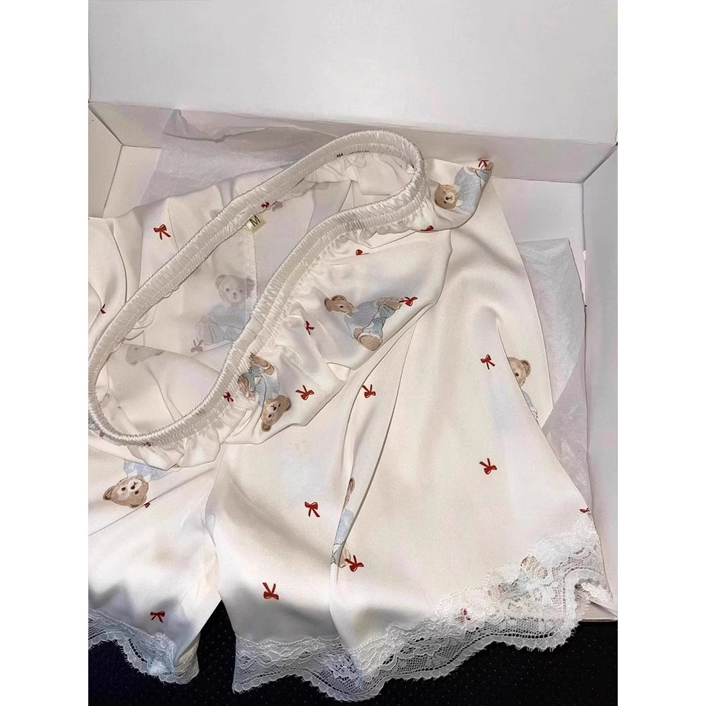 2025 New Ice Silk Women's Pajamas Summer Short Sleeve Set High end Silk Imitation Designer Home Clothes Cartoon Cute Coat 5