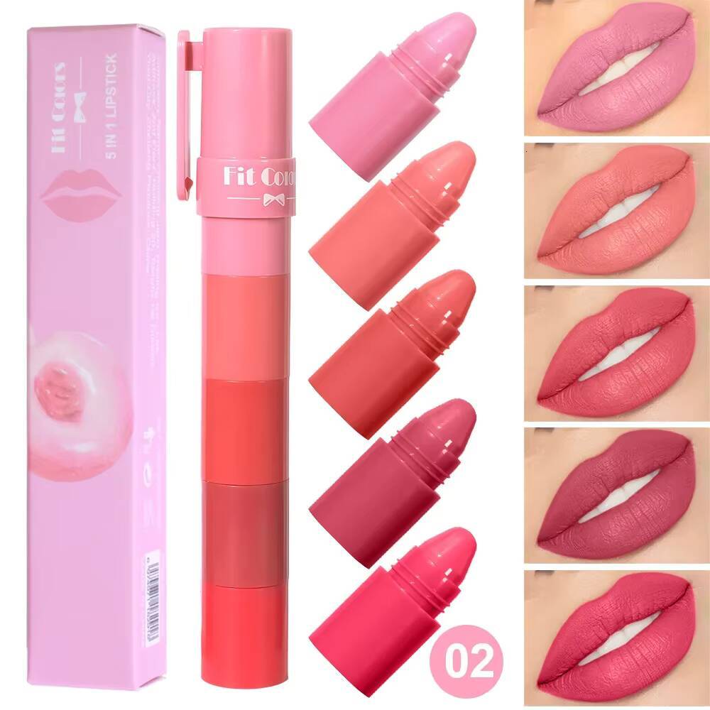 5In1 Combination Peach Matte Kit Waterproof Non-Stick Cup Purple Red Lip Stain Tint Cosmetic Nude Lipstick Pen Makeup happy