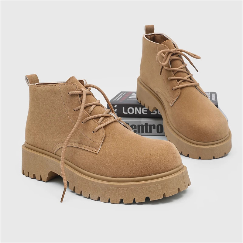 2025 Men Big Size High Quality Square Heels Platform Punk Toe Derby Boot Laceup Ankle Boots Shoes 250612