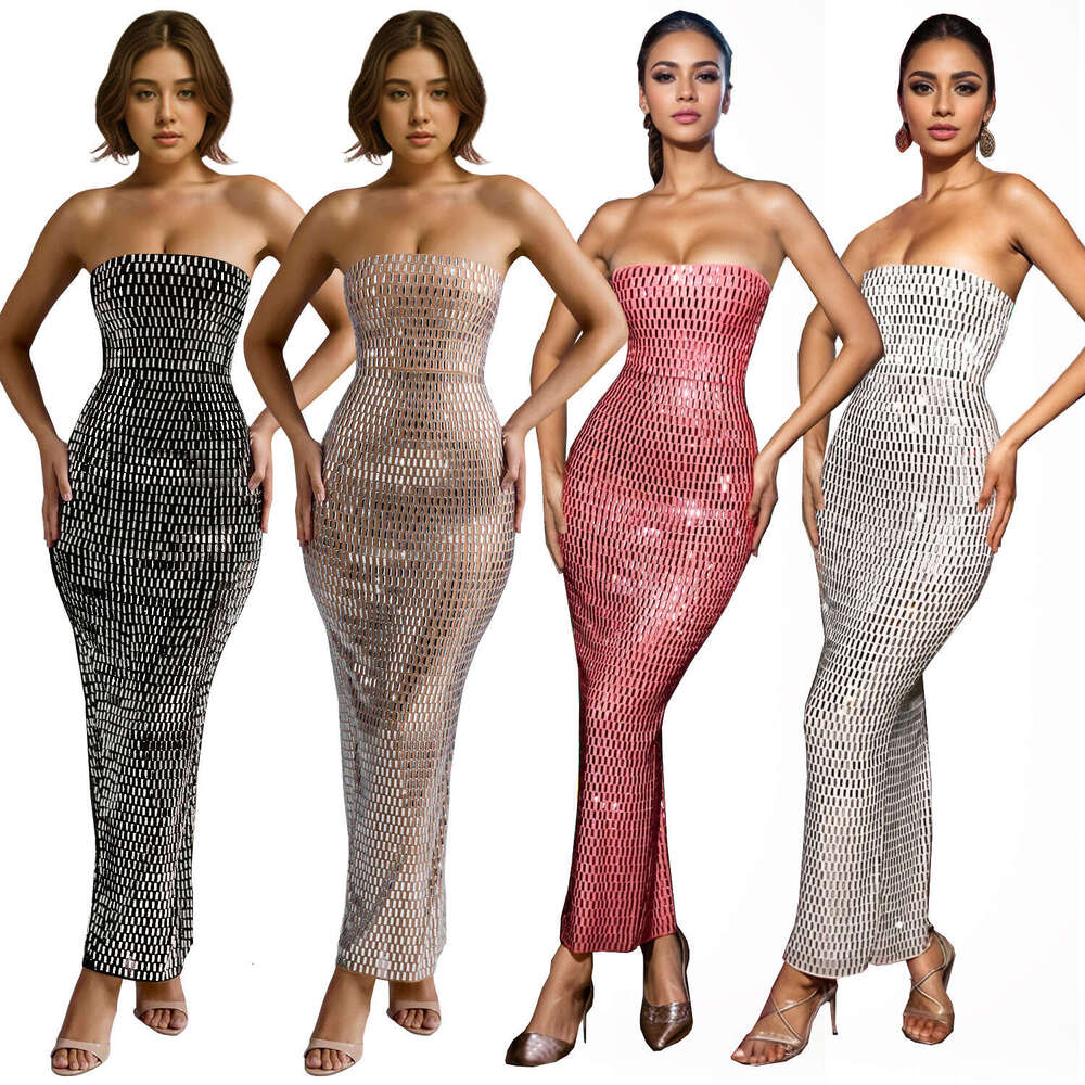 European and American Women's Solid Color Rhinestone Sleeveless Dress Party Gown Long 2025 New Casual Fashion Trendy Clothing