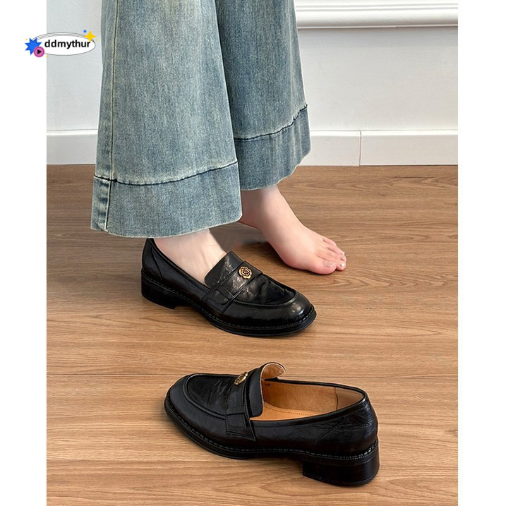 Cowhide Version ~ Genuine New Thick-Soled Camellia Slip-On Loafers for Women British Style Small Leather Single Shoes ddmythur