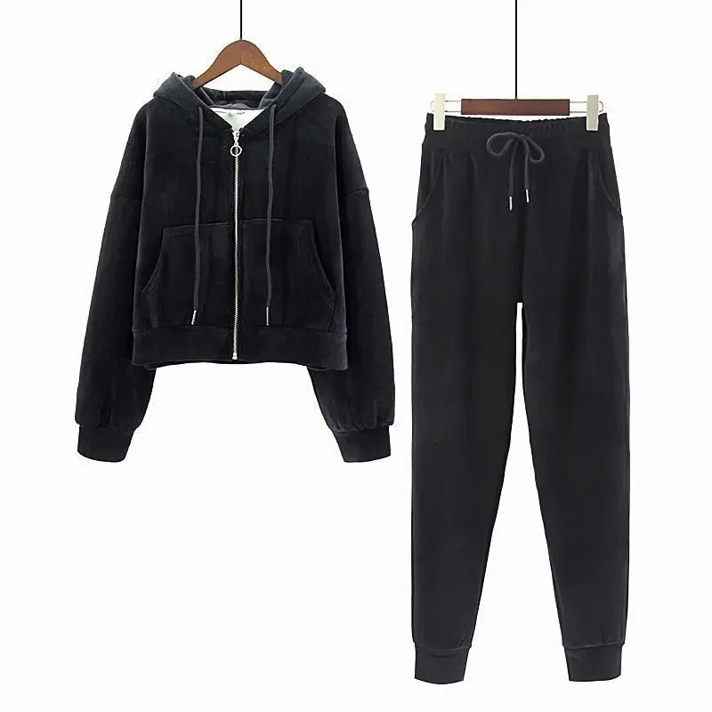 Women Velvet Tracksuit Zipper Hooded Sweatshirt and Sweatpants Solid Color 2 Piece Set Autumn Winter Warm Casual Female Suit 250614