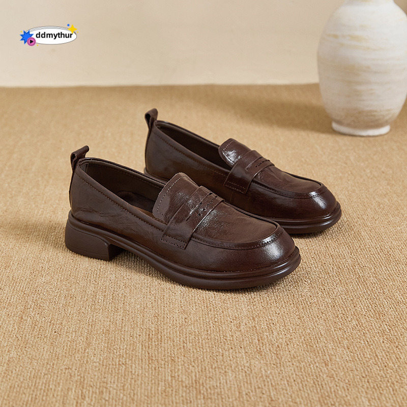 Leather British Style 2025 New Spring Autumn Versatile Loafers Mid-Heel Single Women's Work Shoes ddmythur