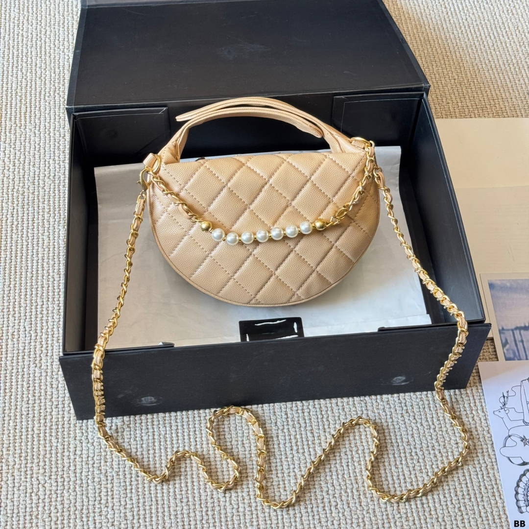 Luxury Designer Bag Shoulder Bag Half Moon Makeup Bag High Quality 24S Caviar Leather Gold Pearl Chain Designer Crossbody Bags Women Handbag 17x10cm