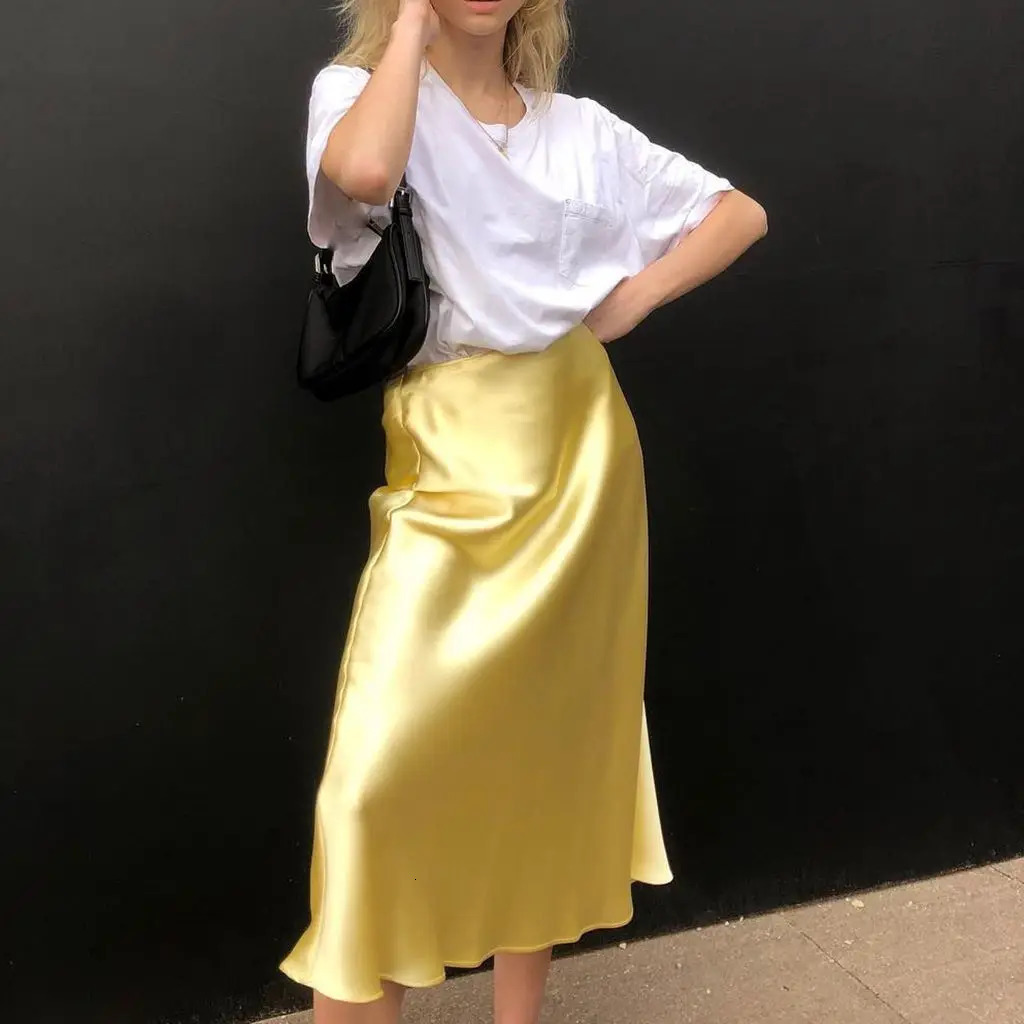 Combhasaki Womens Summer Y2K Vintage High Waist Solid Color Elegant Satin Silky Ruffled OL A-line Midi Skirts Streetwear 250614