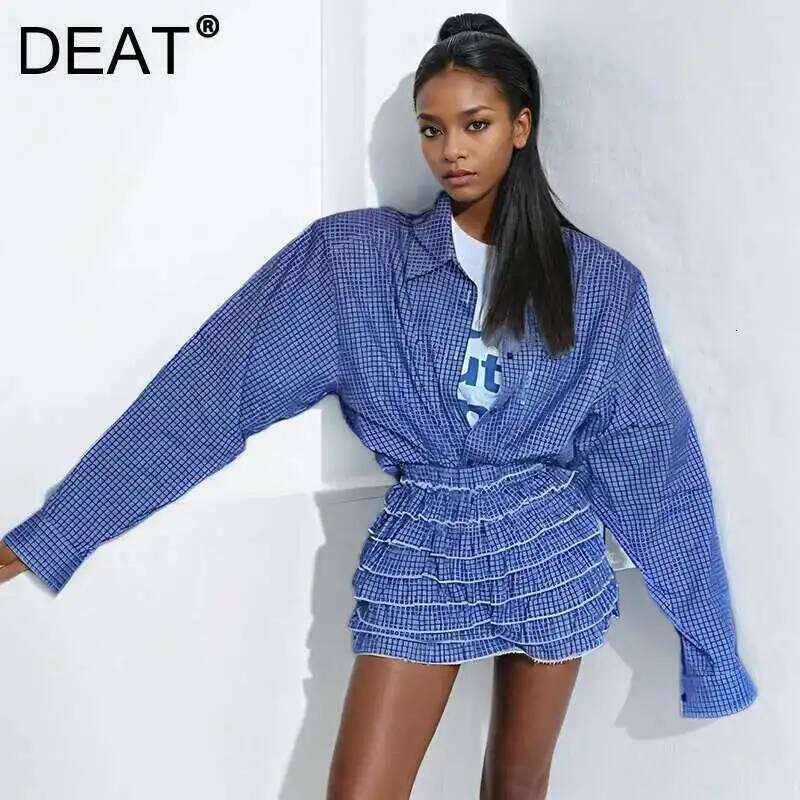 DEAT Fashion Casual Two-pieces Set Plaid Single-breasted Shirt High Elastic Waist Pleated Shorts Female Trendy 33A3795