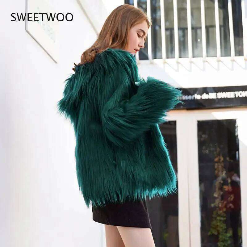Fluffy Faux Fur Coat with Hood Women Winter Loose Plush Purple Grey Green Red Jacket Ladies Chic Fashion Parka Outwear