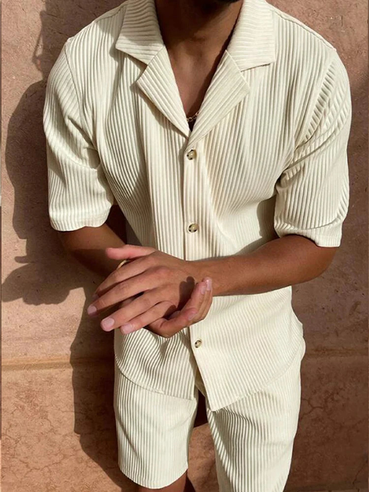 SpringSummer suit Solid color corduroy shorts sleeve shirt and stretch beach casual suit 250612