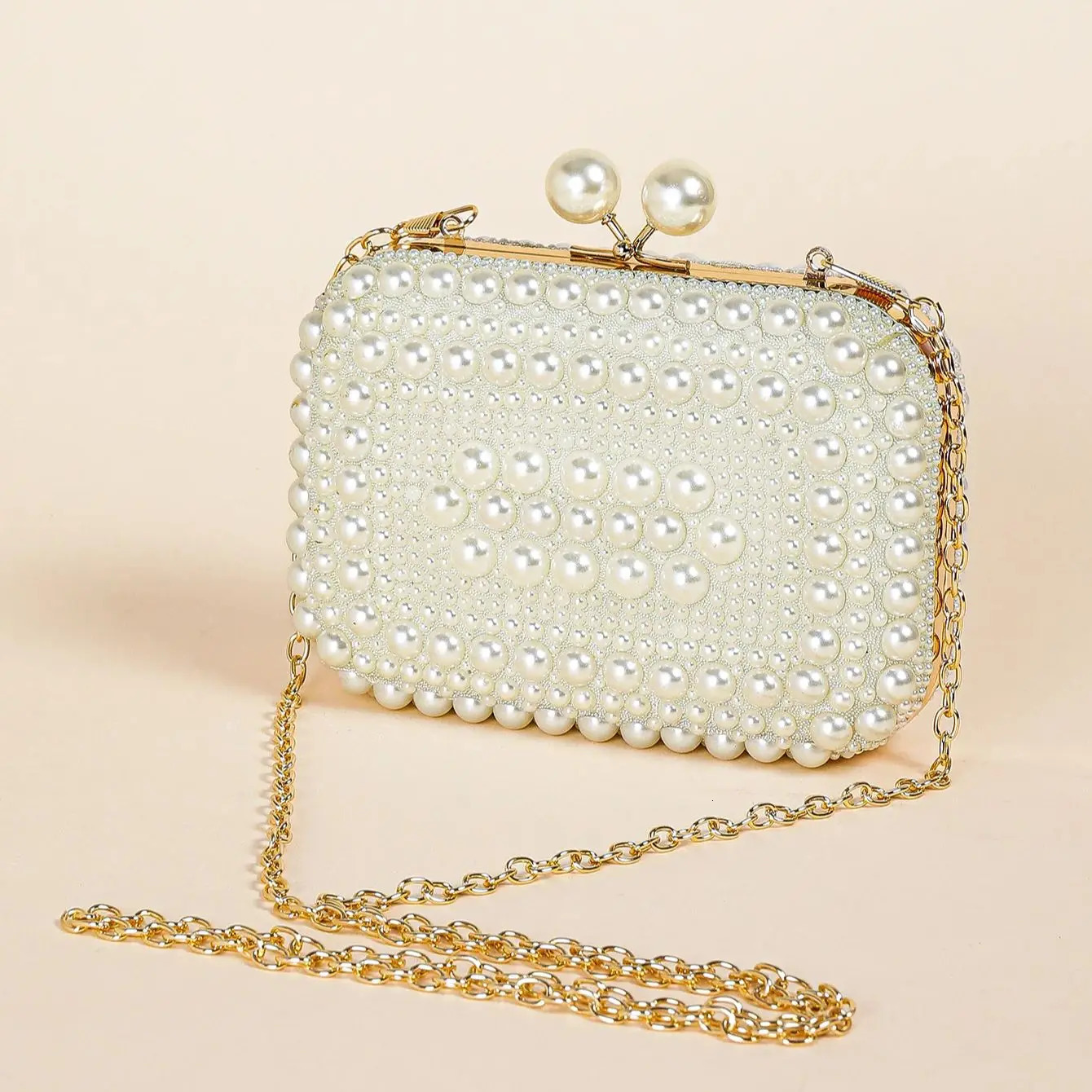 Glamorous Overall Pearl Beads Glossy Kiss Lock Metal Chain Clutch Box Elegant Textured Frame Wedding Purse Party Prom Dinner E 250614