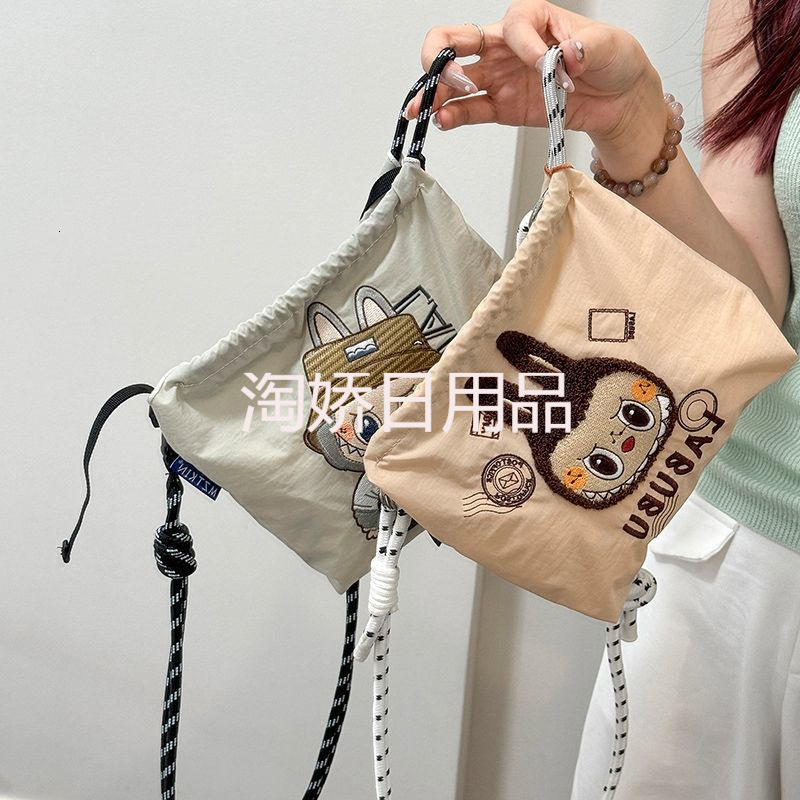 Cute Labubu Waist Embroidered Waterproof Nylon Crossbody Versatile Casual Shoulder Bag Daily Handbag
