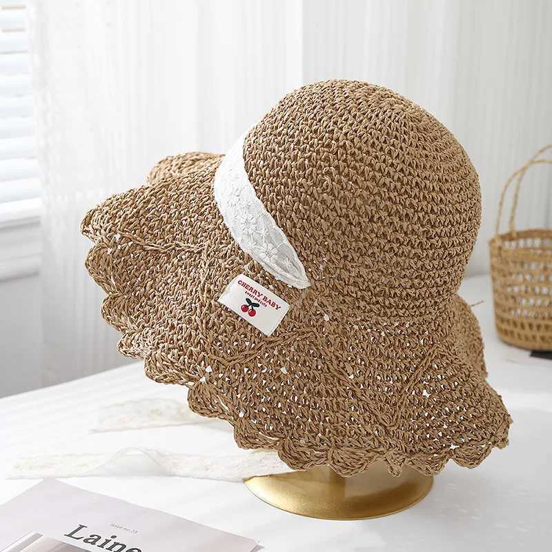 New Arrival Summer Womens Lace Bow Straw Hat Sun Protection Wide Brim Beach Bucket Hat For Outdoor Travel Casual Adjustable Foldable New U250616