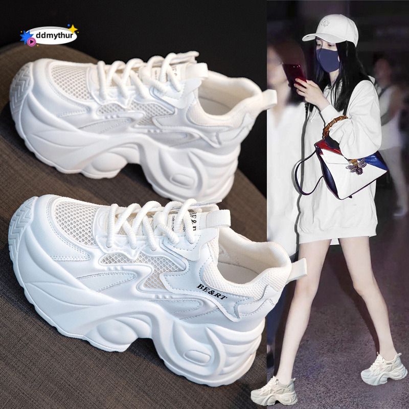 Women's Dad Sneakers 2025 Summer Style Single Mesh Hidden Heel 8CM Height Increase Casual Versatile Thick Sole Color Block Sports Shoes ddmythur