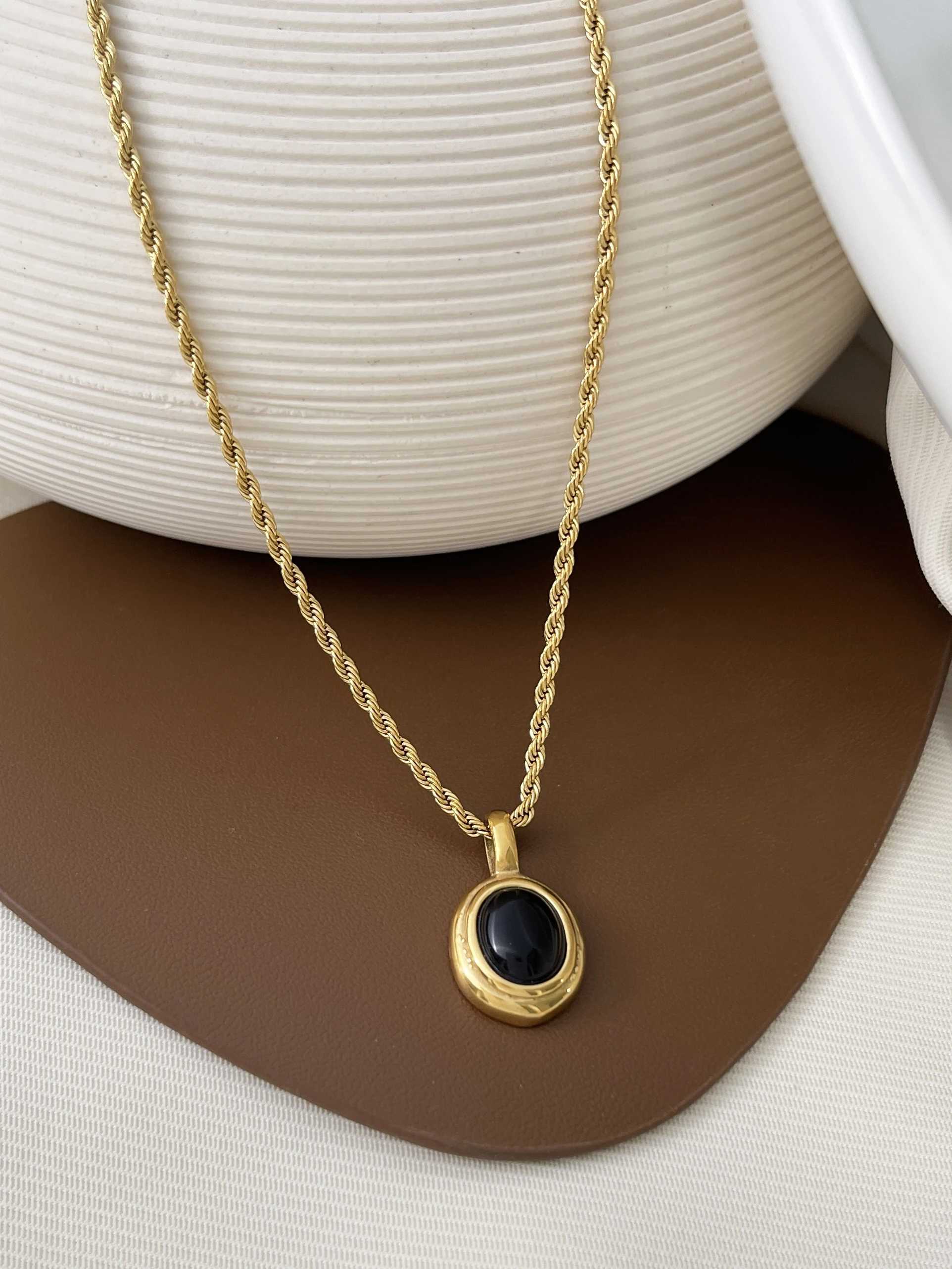 GHIDBK Stainless Steel 18K Gold PVD Plated Black White Gem Stone Oval Pendant on Twist Rope Chain Necklace Stacking Jewelry W250616