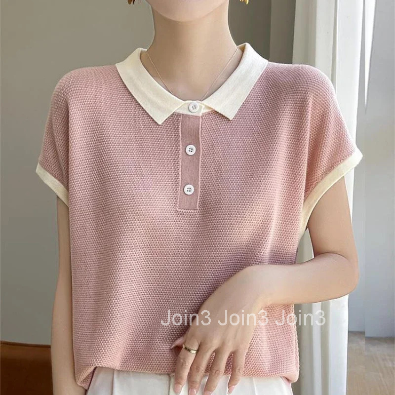 Short Sleeve Polo Neck T Shirt for Women Slim Woman Tshirt Womens T-shirt Original Aesthetic Casual Tops Youthful Elegant Cheap