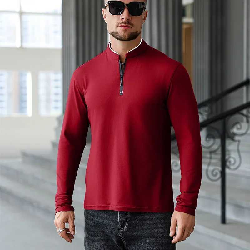 2025 New Mens Casual Fashion Zipper Solid Color Long Sleeve Polo Shirt Stand Up Collar Versatile Comfortable Top W250616