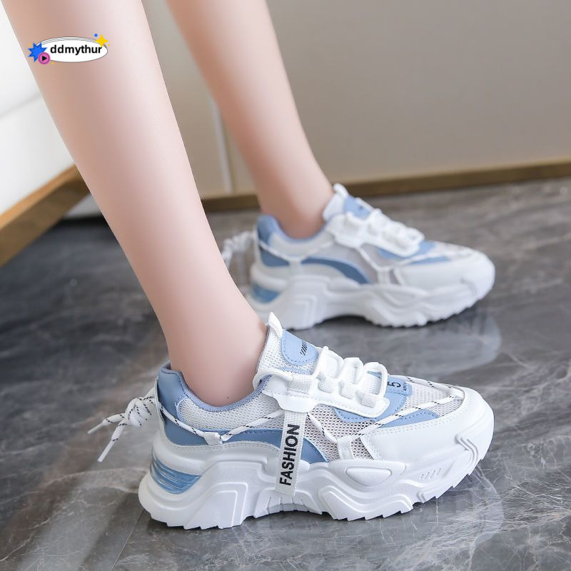 2025 Spring Summer New Versatile Student White Shoes Thick Sole Mesh Women's Running Sneakers ddmythur