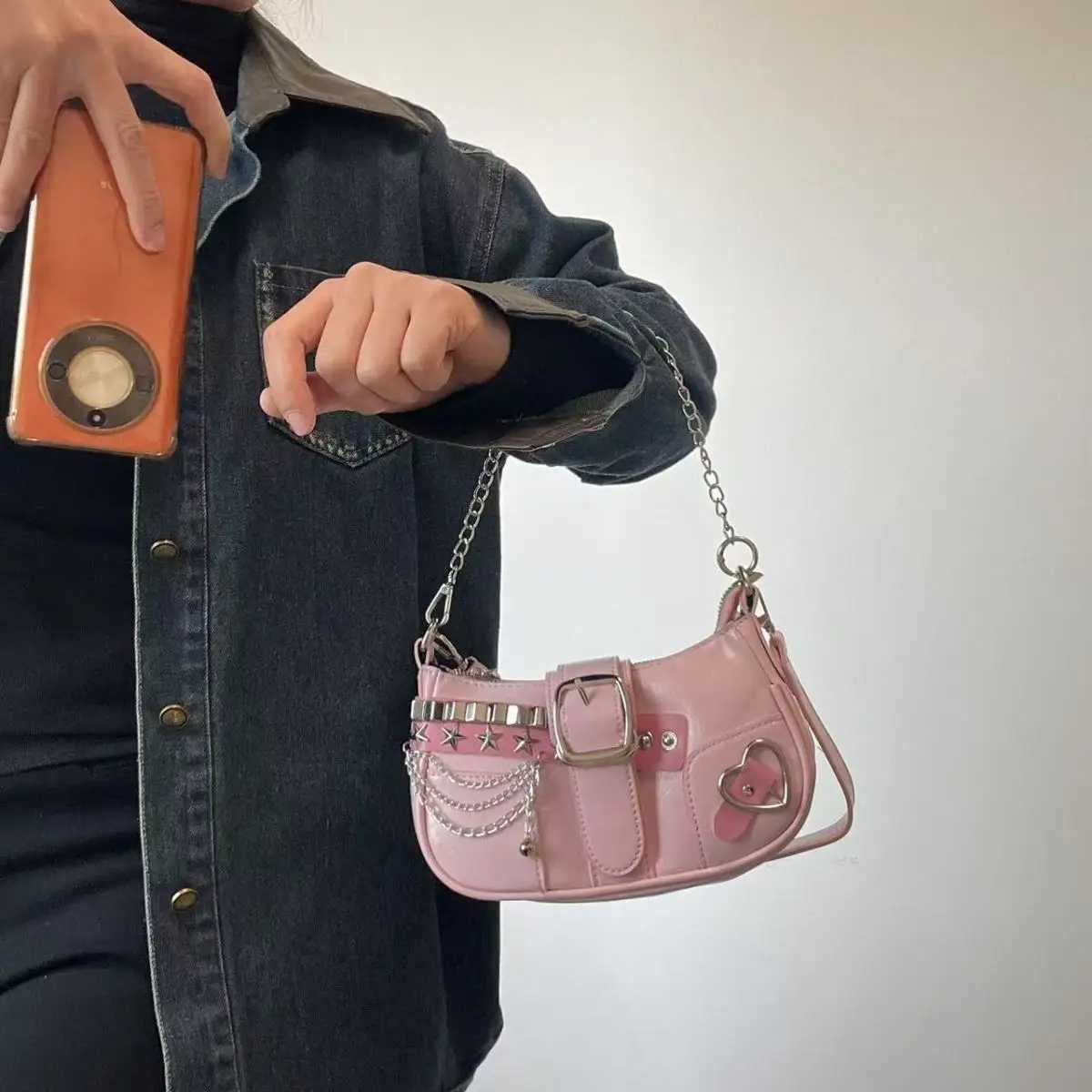 Fashion Hot Girls Square Shoulder Bags Retro Rivet Star Womens Underarm Bag Sweet Pu Leather Female Chain Handbags Pink PurseXJ2520616