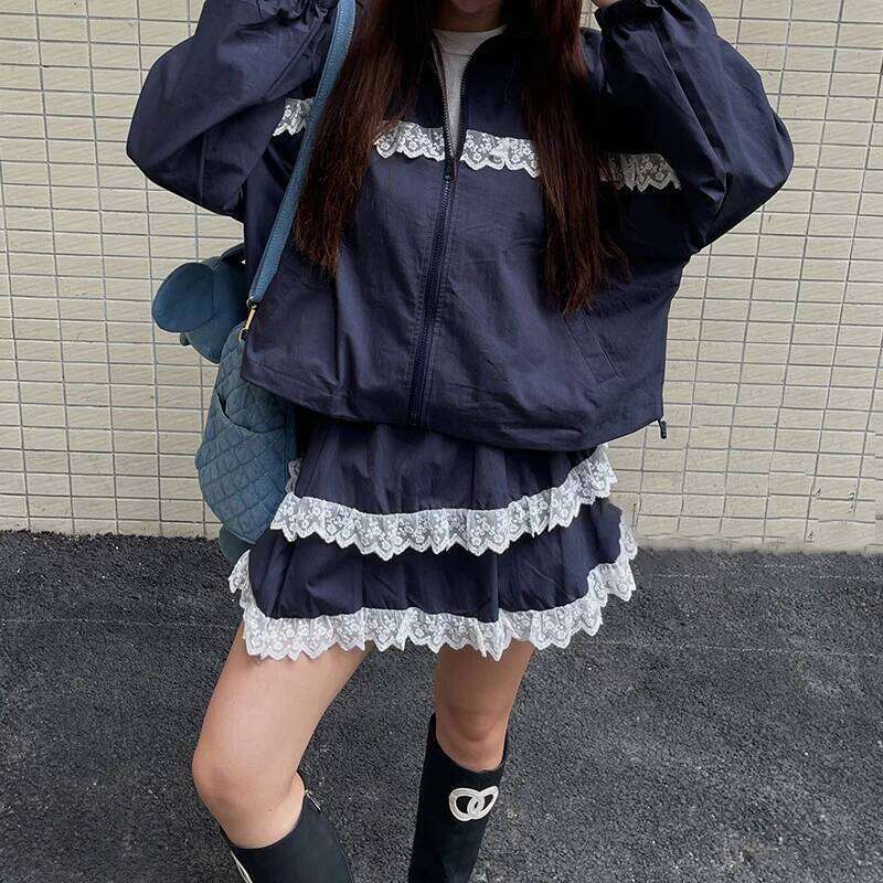 DEAT Fashion Two-piece Set Lace Edge Patchwork Jackets Female High Elastic Waist Short Cake Skirt For Women 11A03677