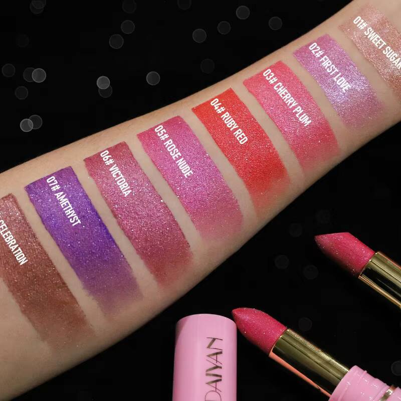 8Colors Glitter Waterproof Lasting Diamond Pearlescent Metallic Gloss Lipstick Purple Lipgloss Lips Makeup Cosmetics happy