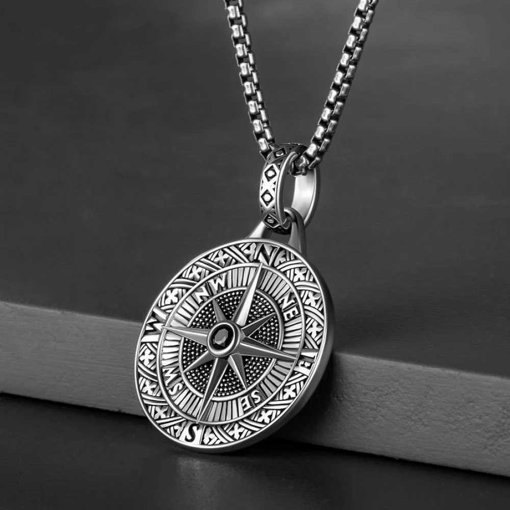 Compass Pendant Necklace For Men hip-hop Style Stainless Steel Chain Vintage Silver Color Neckchain Fashion Men Jewelry Gifts W250616