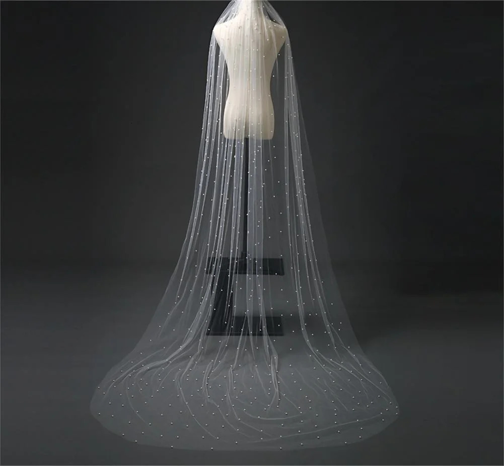 Pearls Bridal Veil Soft 1 Tier Beaded Wedding Veil for Bride Cathedral Length with Comb Wedding Accessories 250610