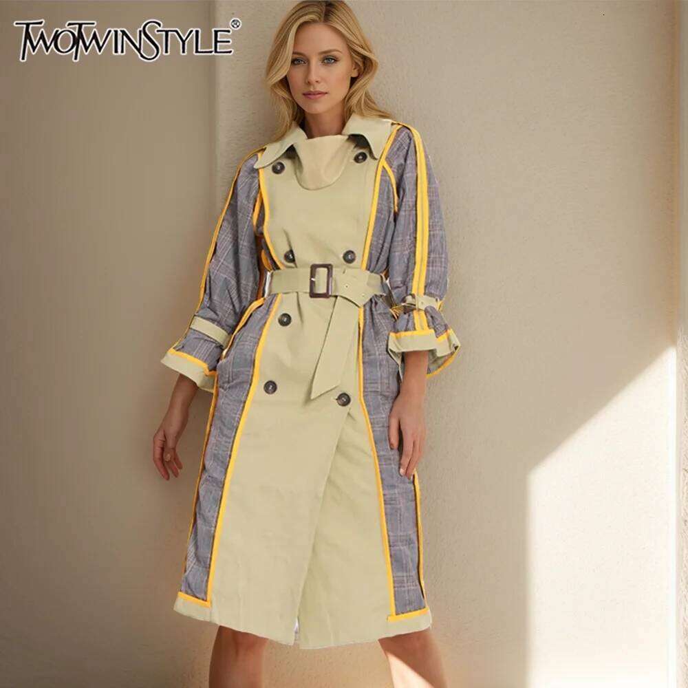 TWOTWINSTYLE Striped Windbreaker For Women Lapel Collar Long Sleeve Double Breasted Colorblock Trench Female 2022 Clothing Style