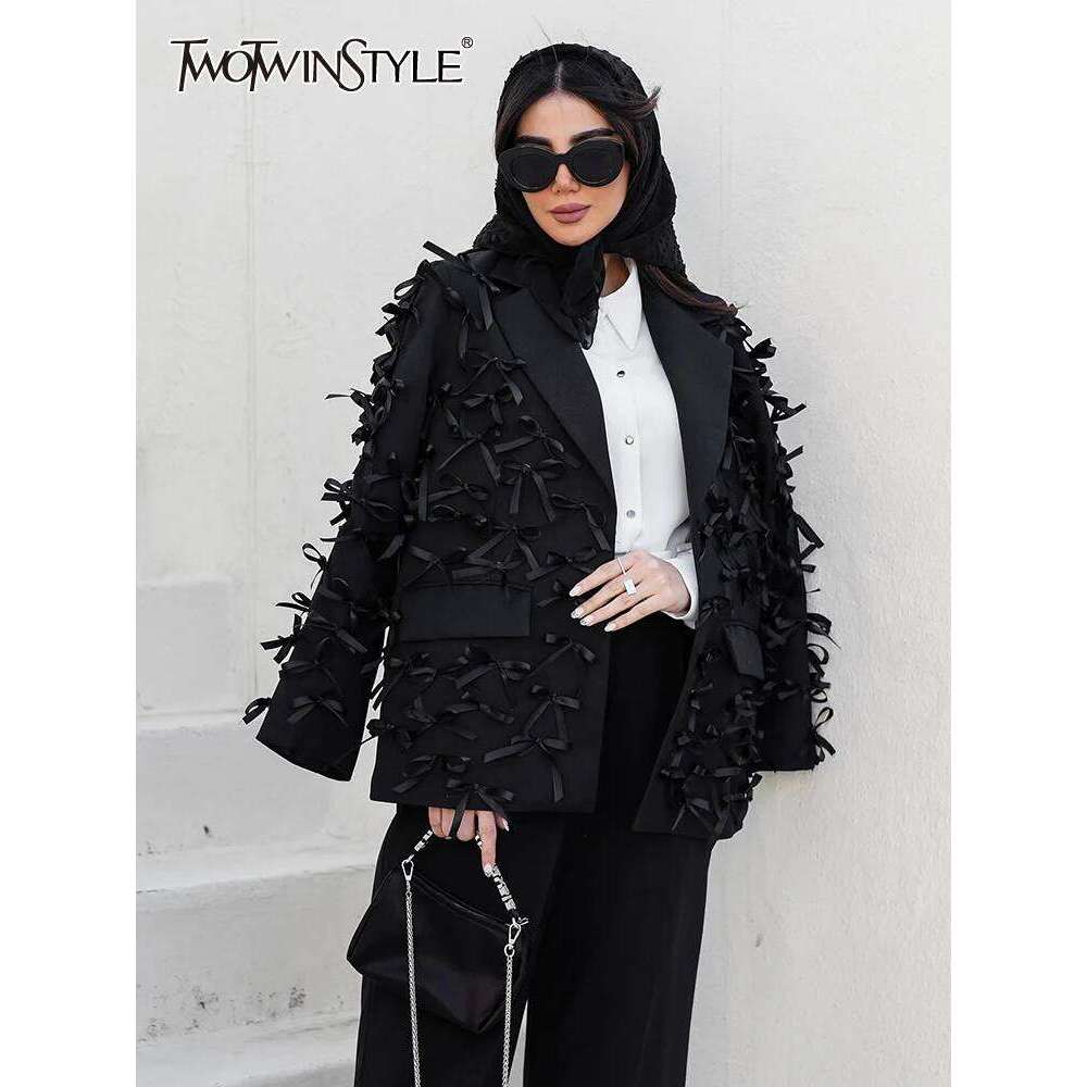 TWOTWINSTYLE Solid Elegant Patchwork Bowknot Blazer For Women Notched Collar Long Sleeve Spliced Button Loose Blazers Female New