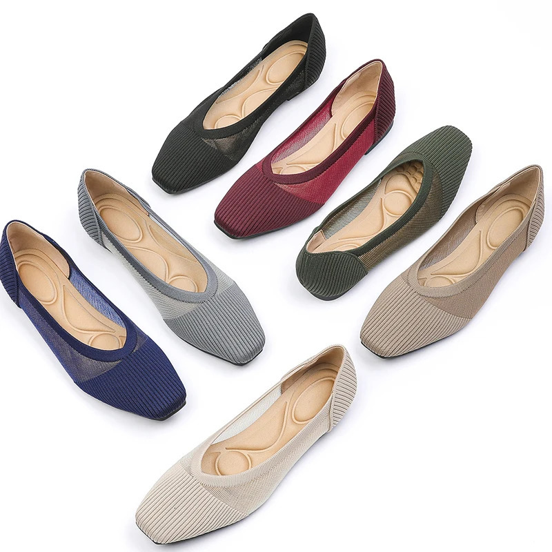 2025 Womens Flat Shoes Knitted Mesh Breathable Square Rubber Sole Anti slip Casual Comfortable Shoes 250613