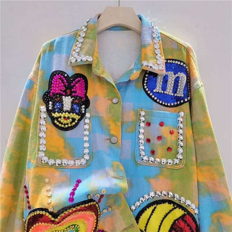 WTHT Fashion Women Cartoon Color Print Beading Denim Shirts Trendy 2025 Summer Long Sleeve Single-breasted Blouse Female 1LS1560