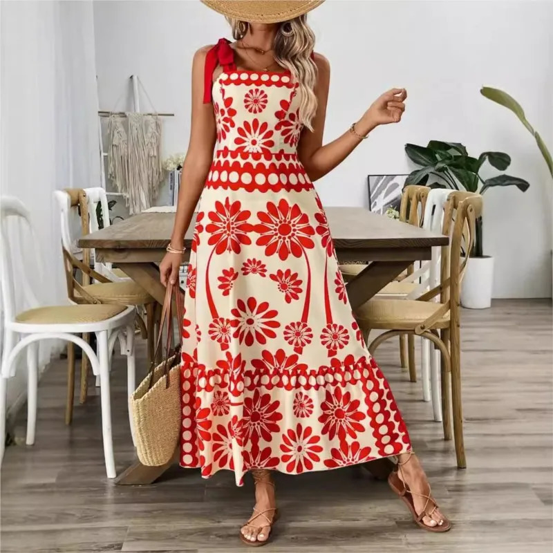 Summer Dress Womens Fashion Printed Shoulder Straps Waist Long Holiday Casual Bohemia Beach Midi Women Dresses Prom Vestido 250611