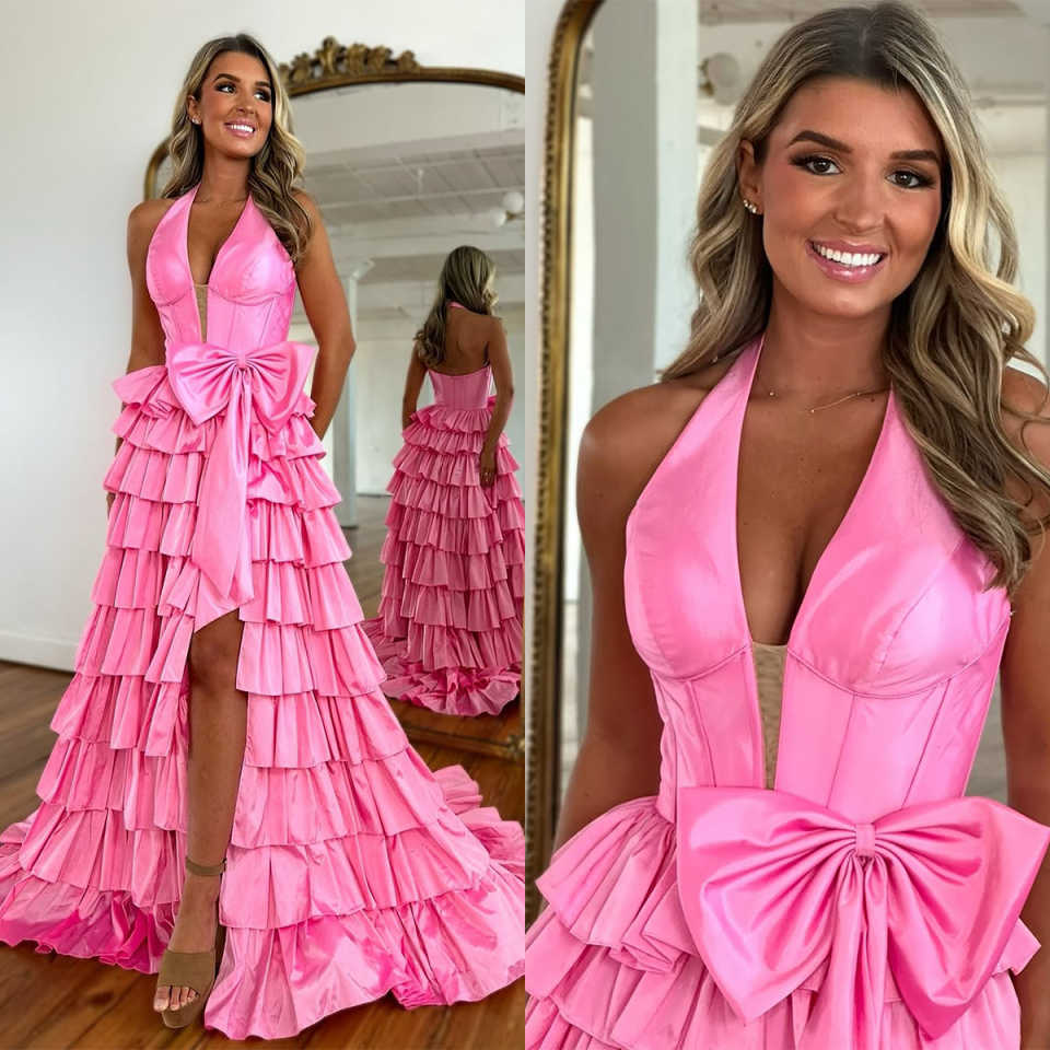 Tiered Ruffles Prom Dresses Big Bow Sexy Side Split Evening Gowns Formal Party Second Reception Birthday Customized