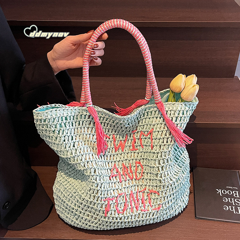 Summer Beach Vacation Fresh Mint Green Straw Ins Style Large Capacity Mori Literary Shoulder Bag ddmynov