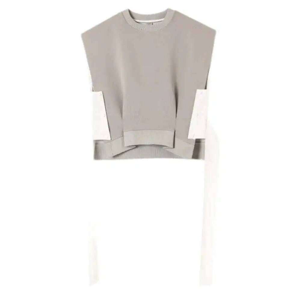 EAM Gray Ribbon Big Size Irregular Casual Vest Loose Women New Round Neck Sleeveless Fashion Tide Spring Autumn 2025 1Dh5219