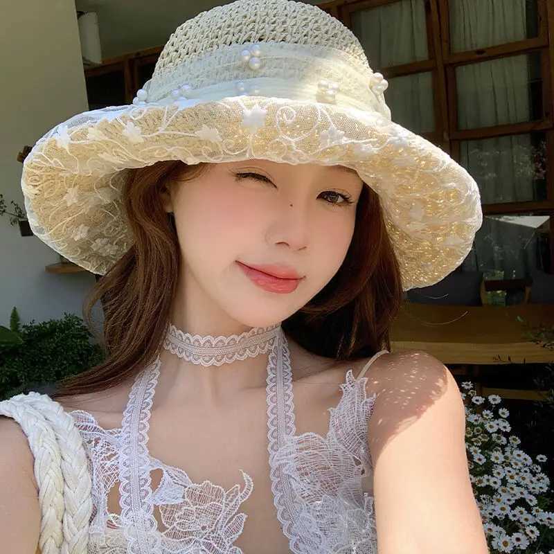 Womens Summer Hat Lace Ribbon Bow Flower Beads Big Brim Sunscreen Bucket Hat Sunshade Beach Accessories New M250616