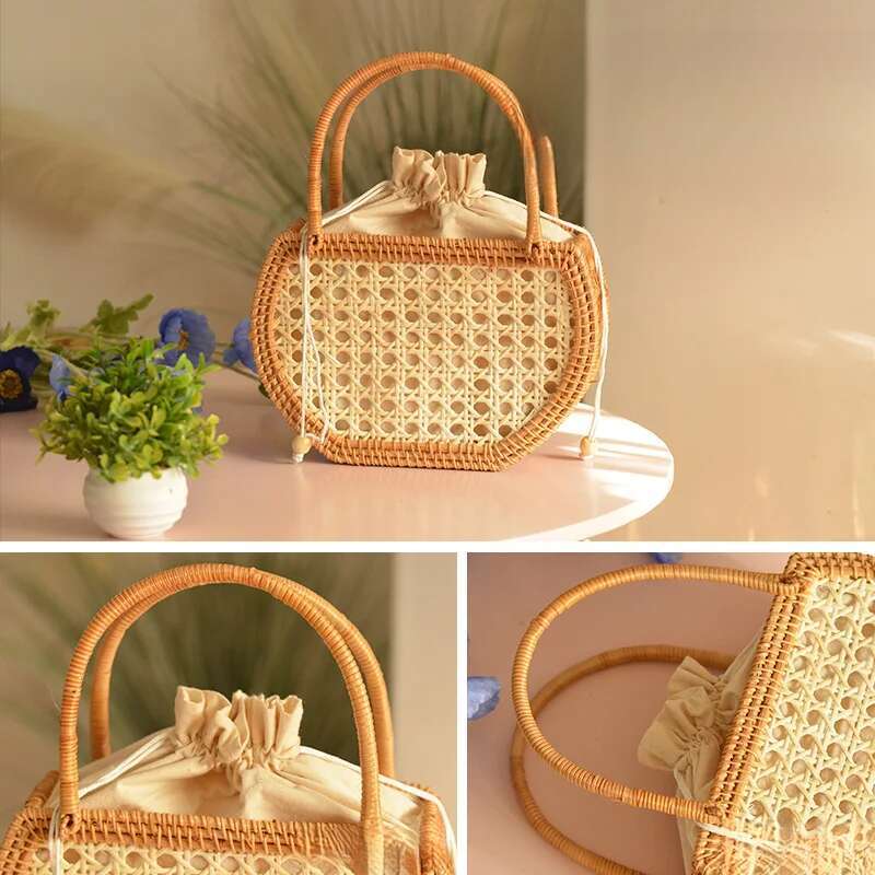 Casual Hollow Rattan Basket Bags Wicker Woven Women Handbags Handmade Summer Beach Straw Small Bucket Bag Bali Tote Purses