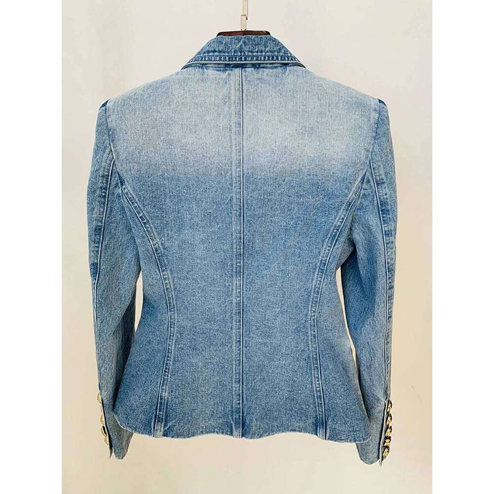 New Fashion 2025 Designer Slim Jacket Women's Metal Lion Buttons Double Breasted Denim Blazer Outer Coat Female