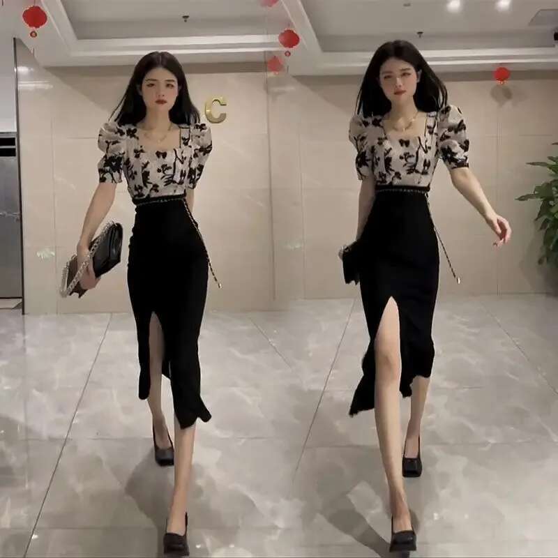 2 Pieces Sets for Women Slit Short Sleeve Suits Skirt Sexy Woman Outfit Y2k Clothes Top and Bottom New Matching Summer 2024 Full
