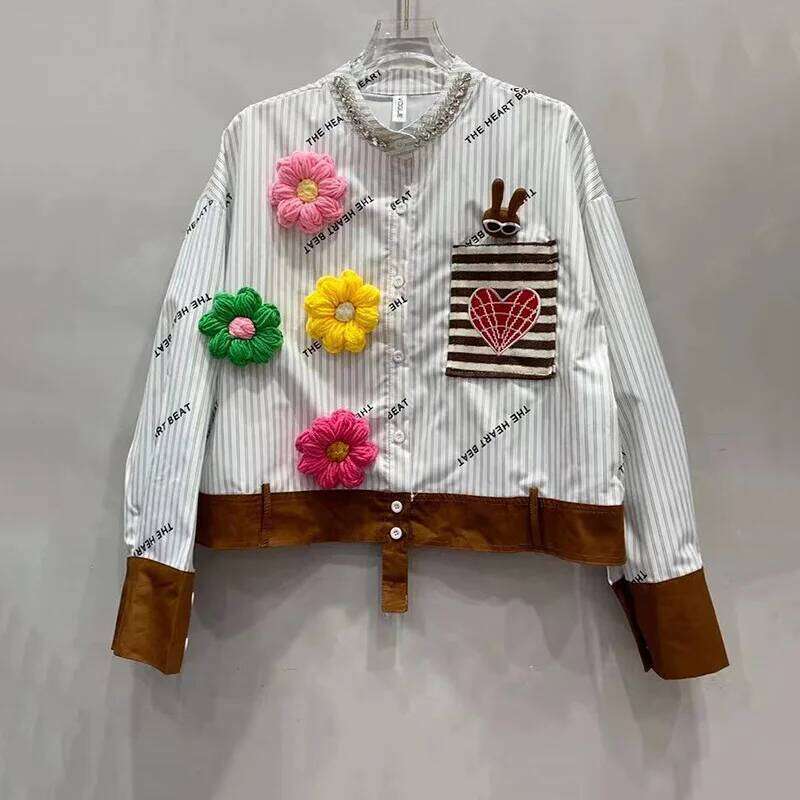 European Spring New Blusas Heavy Industry Nail Dia Design Sense Loose Long-sleeved Shirt Women's Chic 3D Stripe Top Blouse