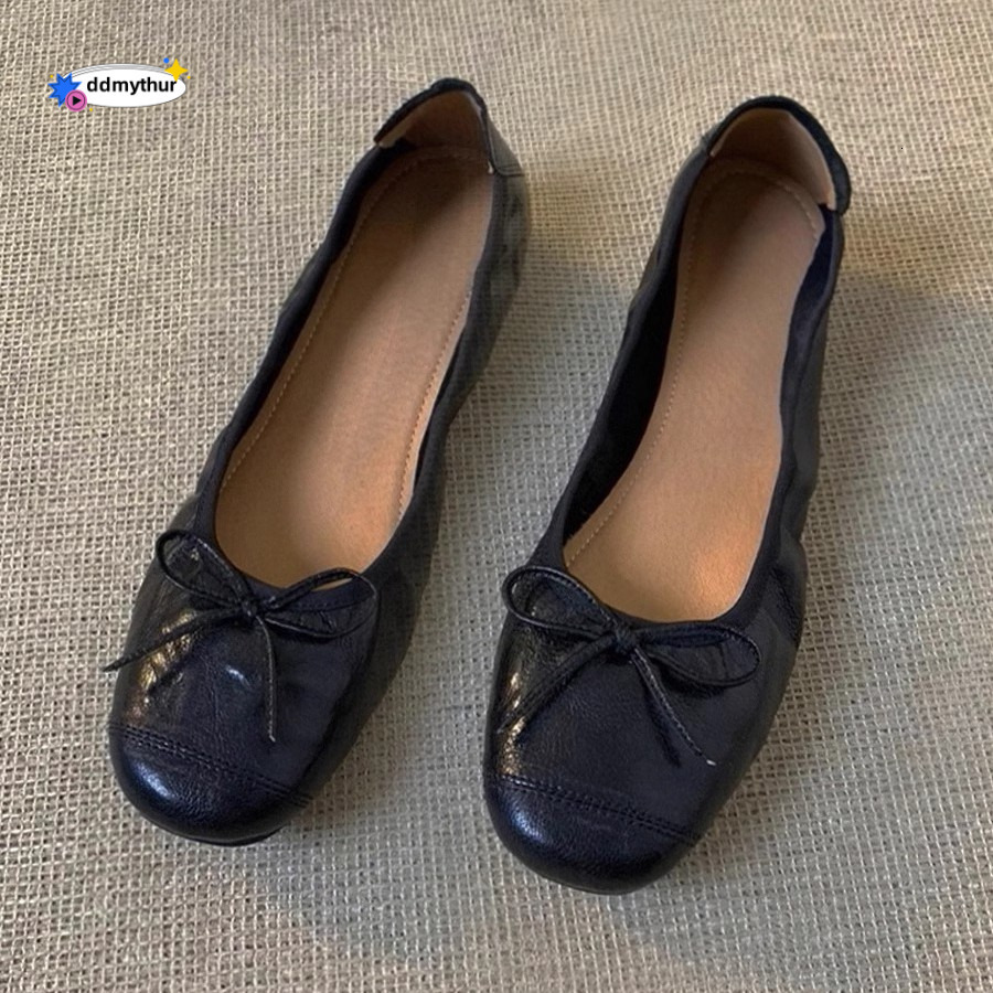 Cowhide Version ~ Shallow Mouth Single for Women, Flat Versatile Bowknot Evening Shoes, Ultra Soft Egg Roll Ballet Shoes ddmythur