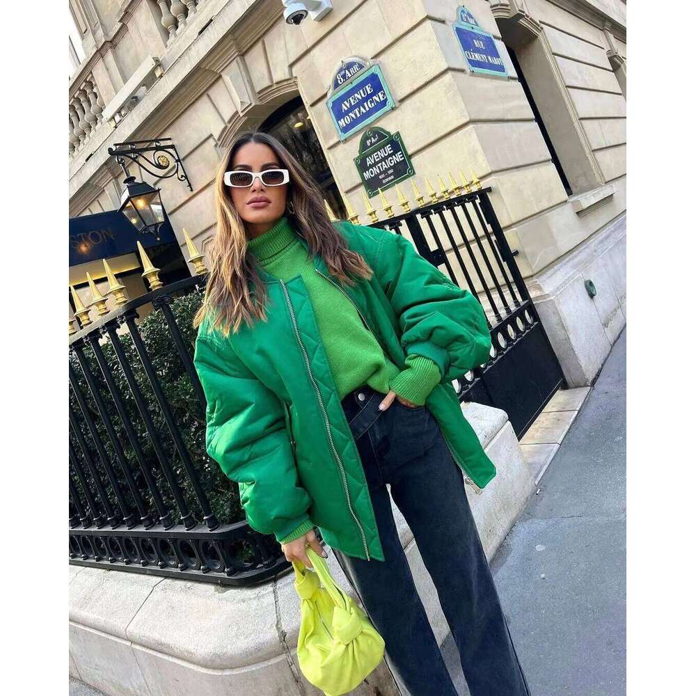 2023 Autumn Fashion Pockets Solid Zipper Bomber Jackets Coat Women Long Sleeves Chic Outwears Female Loose Cotton-Padded Jacket