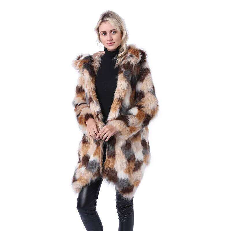 Imitation Fur Jacket European American Foreign Trade Medium and Long Women's Clothing Contrasting Colors To Keep Warm Autumn