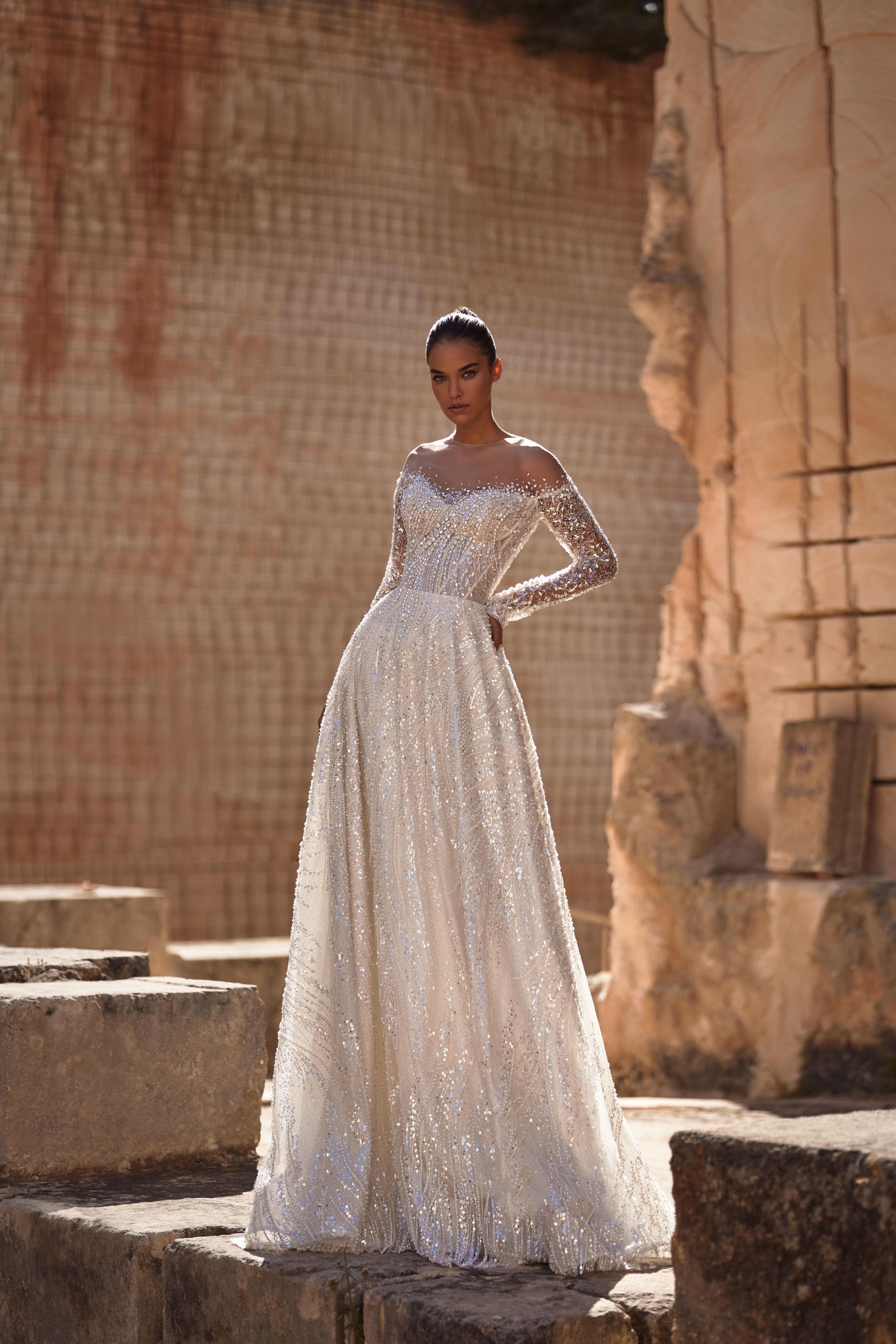 Gorgeous A Line Women Wedding Dress Sheer Neck Long Sleeves Bridal Gowns Beaded Sequins Sweep Train Dress Custom Made vestidos de novia