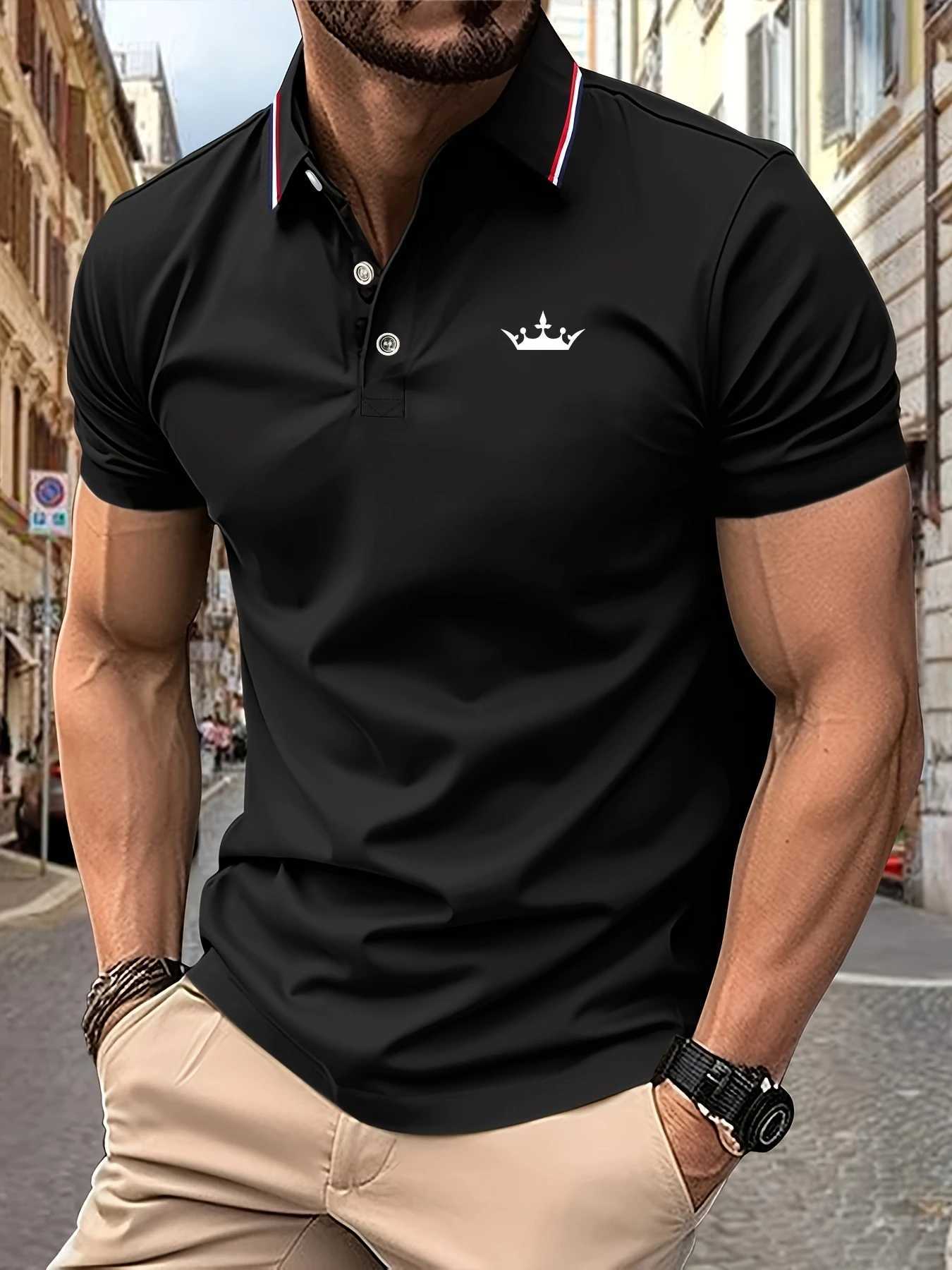 2025 New Mens Polo Shirt Crown Pattern Print Summer Lapel Stripes Men Short Sleeve Casual Breathable Light Luxury T-Shirt W250616