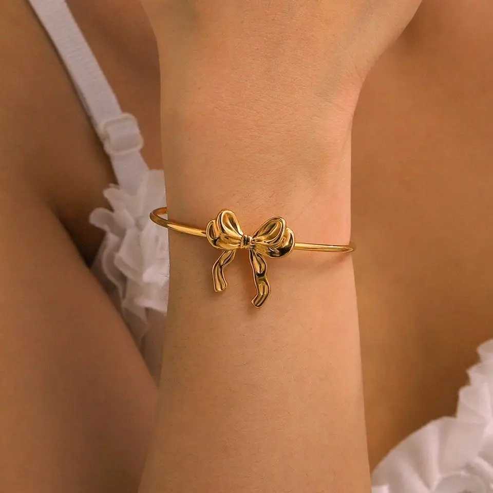 Trendy Bow Tie Cuff Open For Women Girls Stainless Steel High Quality Pulseras Gold Color Bangle Jewelry Best Gift Z250616