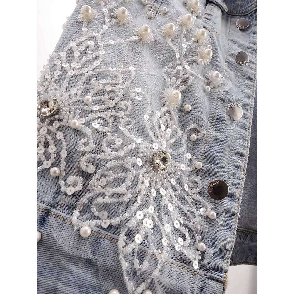 New Fashion Beaded Denim Vest For Women Haruku Trendy Vintage Short Sleeveless Ripped Jean Jackets Coat