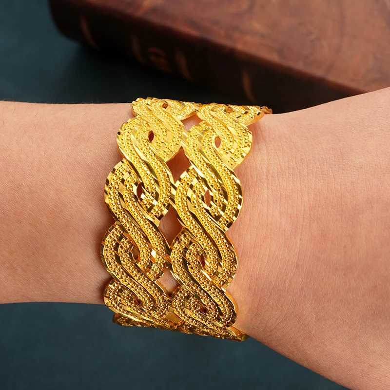 Wide Copper Bangles Gold Plated Wave Design Cuff Free Size Arabic Turkish Bridal Gift Ethnic Gold Bangle for Women Z250616
